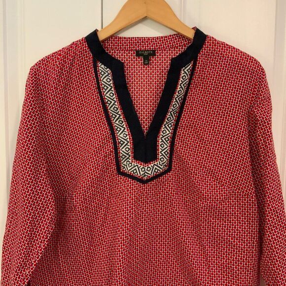 Talbots Red Blue Embroidered Cotton Popover Tunic Top Size 1X - Picture 2 of 9